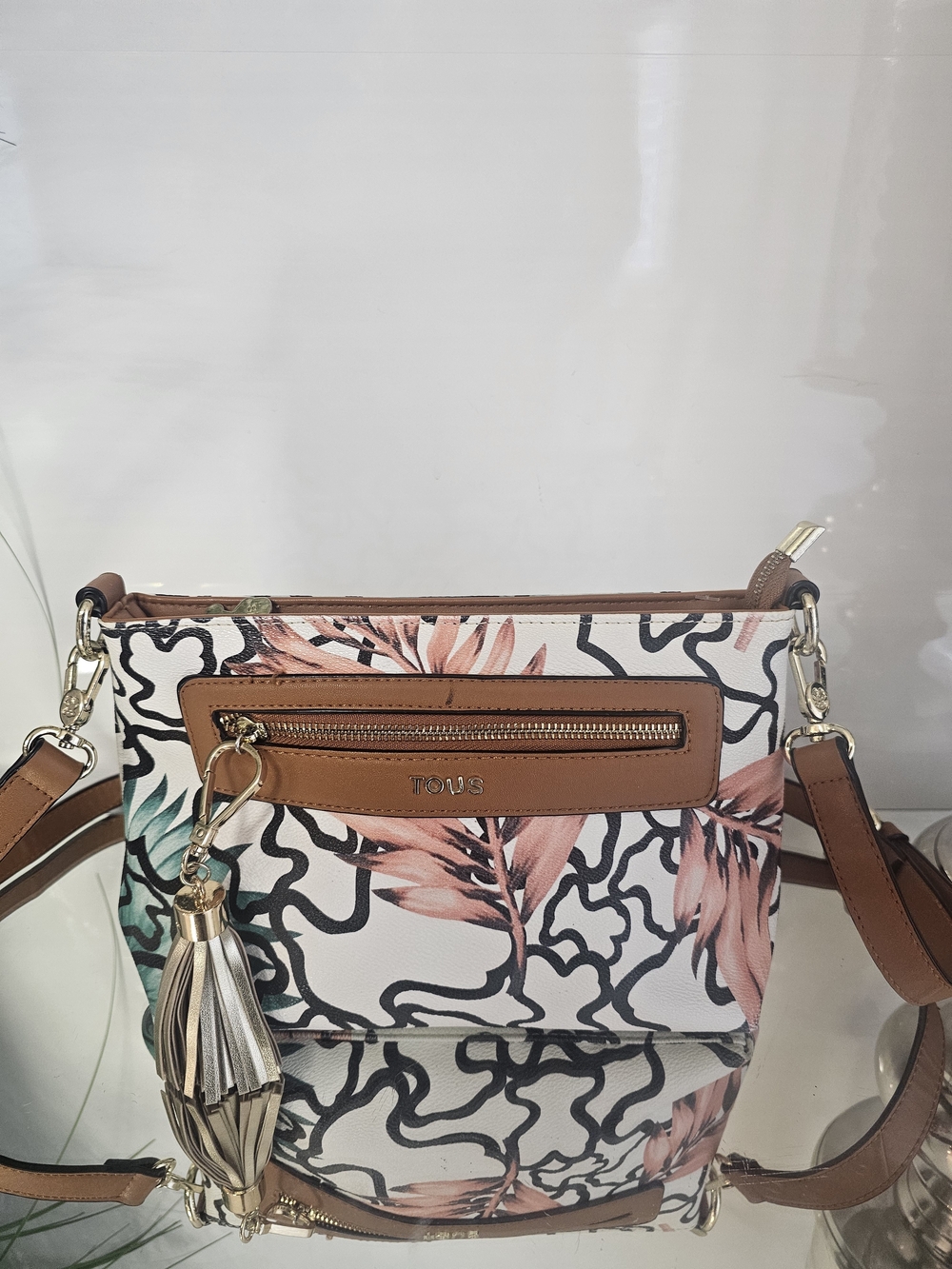 Tous Kaos Floral Leather-Trim Crossbody in Brown, Pink and Green